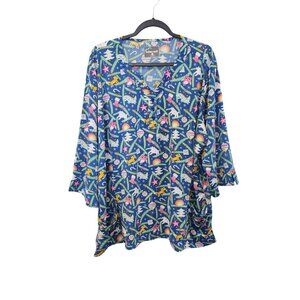 Butter-Soft 3X Holiday-Themed Blue Tunic Top W/ Colorful Christmas Print Button
